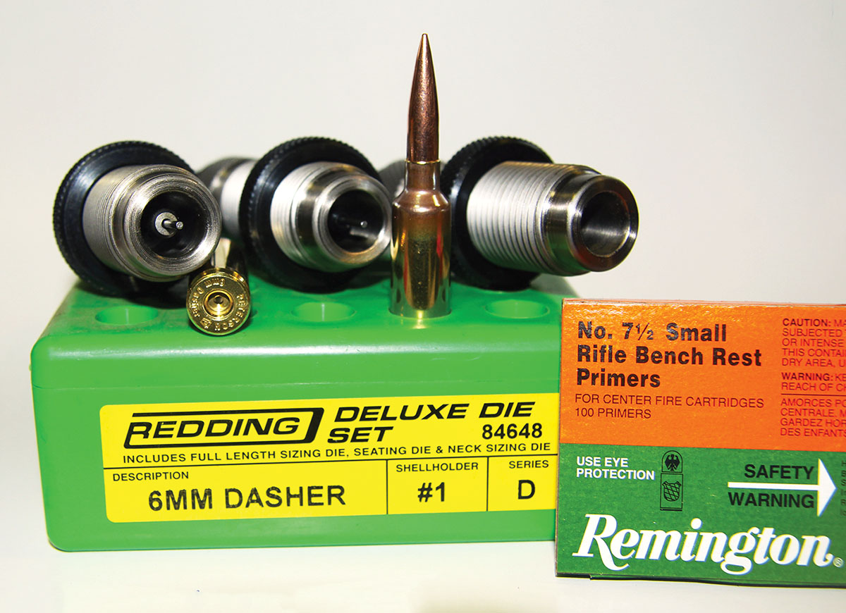 A Redding Series D Deluxe Die Set with added 6mm Free Floating Carbide Button Kit and Redding Micrometer head, Remington No. 7½ Small Rifle Bench Rest primers and Peterson Cartridge brass were used to assemble all loads.